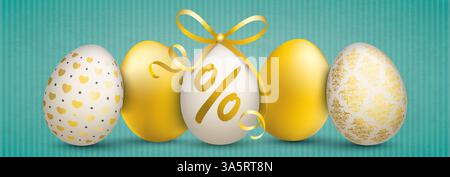 5 Ostereier Prozent Goldenes Band Grüner Vintage Banner Grüner Vintage Banner mit edlen ostereiern für den Osterverkauf. Stockfoto