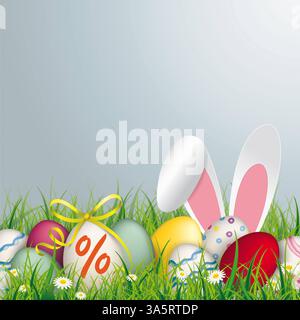 Ostereier Prozent Gras Kaninchenohren grauer Hintergrund farbige Eier mit einem Prozent und mit Hasenohren im Gras auf dem grauen Hintergrund. Stockfoto