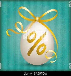 Oster Sale Egg Golden Ribbon Green Vintage Cover Vintage Cover mit Band und osterei mit Prozent auf grünem Hintergrund. Stockfoto