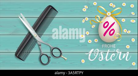 Ostern Ostern Egg Prozent Bogen Holzschere Kamm Deutscher Text Frohe Ostern, Übersetzung Happy Easter. Stockfoto