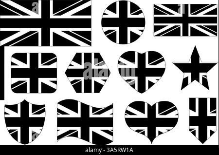 Schwarz-weißes Symbol für die britische Flagge in verschiedenen Formen, isoliert auf weißem Hintergrund Stock Vektor