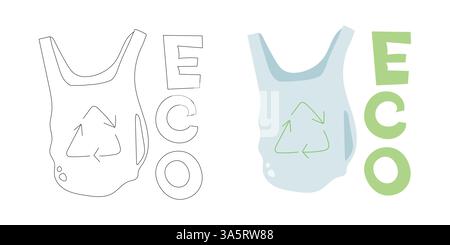 Hellblaue wiederverwendbare Einkaufstasche mit Recycling-Symbol und Öko-Typografie, perfekt für die Förderung von „Zero Waste Lifestyle“ und für die Reduzierung von Kunststoffprodukten Stock Vektor