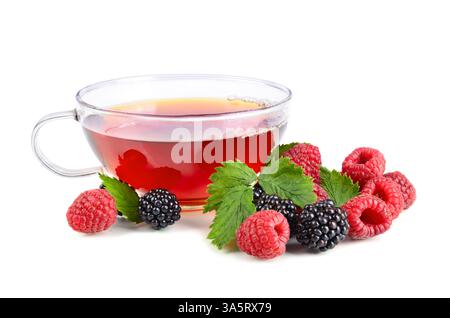 Himbeeren und Brombeeren Tee mit frischen Beeren auf weißem Hintergrund Stockfoto