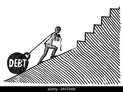 Freihändige Zeichnung eines Geschäftsmannes, der SCHULDEN in Form einer riesigen Kesselglocke einen Hang hinauf zieht, der sich in eine noch steilere Treppe verwandelt. Metapher Stockfoto