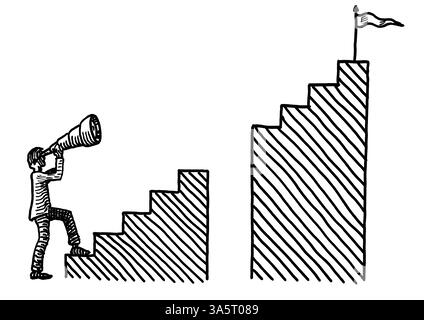 Freihändige Zeichnung eines Geschäftsmannes, der mit einem Teleskop auf den Torpfosten auf einer Treppe mit klaffendem Golf zielt. Metapher für Unternehmensobjekte Stockfoto
