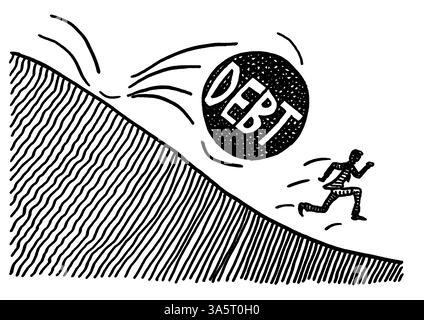 Freihändige Zeichnung eines Geschäftsmannes, der versucht, vor einer großen, rollenden SCHULDENSPHÄRE wegzulaufen, die ihn vernichten wird. Metapher für Konkurs, Steuerlast Stockfoto
