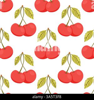 Nahtloses Kirschmuster mit süßen Früchten im Kawaii-Cartoon-Stil Stock Vektor