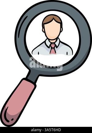 Mitarbeiter suchen. Mensch und Lupe. Vektorsymbol auf weißem Hintergrund isoliert. Illustration für Banner, Poster, Flyer, Druckdesign, Stock Vektor