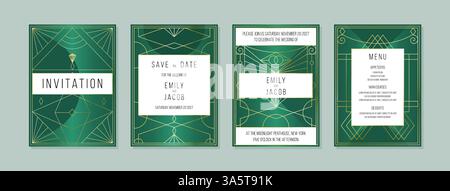 Premium-Set mit Hochzeitseinladungen im luxuriösen Stil. Flaschengrün und Gold, modernes Design im New Yorker Stil. Hochzeitseinladung im geometrischen Art déco-Design. Stock Vektor