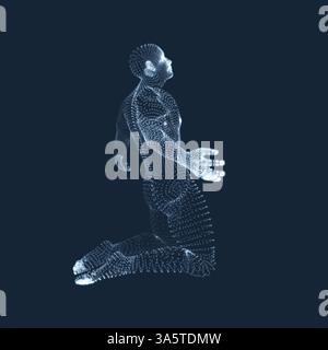 3D-Modell des Menschen. Der Mensch, der betet. Konzept für Religion, Gottesdienst, Liebe und Spiritualität. Vector Illustration. Stock Vektor