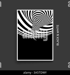 Tunnel. Optische Täuschung. Schwarz-weißer abstrakter gestreifter Hintergrund. Cover Design Vorlage. 3D-Vektordarstellung. Stock Vektor