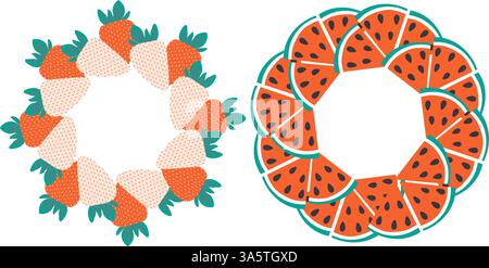 Erdbeerweiß Rot Dreiecksschicht Wassermelonenschichten Circle Frame Border Copy Space Template Ideenset 2. Isolierte Vektor-Illustration Thematische oder Menükarten, Broschüre, Preisschild, Etikett oder Web-Werbebanner Stock Vektor