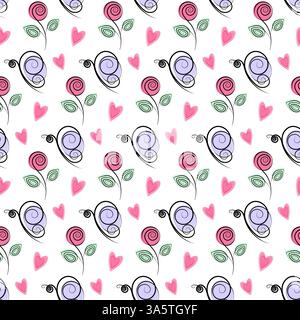 Freehand Rose am Stiel mit Blättern Schmetterlinge Herz nahtloses Muster trendiges Rosa, Grün, Lavendel. Isolierte Vektor-Illustration Thematische Karten Wallpaper oder Web Promo Banner, Faltblatt, Gruß, Etikett Stock Vektor
