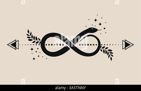 Unendlichkeitsschlange, mystische Schlange in Form eines Unendlichkeitszeichens, himmlisches Achtknoten-Symbol. Pagan wiccan Design. Logo mit magischer Illustration Stock Vektor