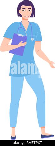 Vektor-Illustration einer lächelnden Medizinstudentin oder Krankenschwester in blauen Peelings, hält ein Klemmbrett und trägt ein Stethoskop. Stock Vektor