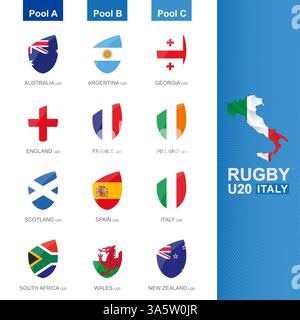 Flaggen im Rugby-Stil sortiert nach Pool für U20-Rugby-Wettkampf in Italien, Rugby-Symbol-Set. Vektorsammlung. Stock Vektor