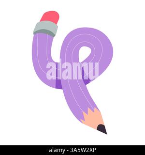 Verdrehter, gekrümmter Comic-Bleistift, der skizzenhaft kritzelnd ist. Linie Hand gezeichnet einfacher Bleistift. Flippiges flexibles Schulmaterial. Trendiges Schreibwerkzeug. Vektorabbildung Stock Vektor
