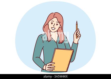 Frau hält Notizblock und Stift in der Hand und empfiehlt einen Arbeitsplan für die erfolgreiche Umsetzung von Terminen. Eine Lehrerin an der Schule mit Lächeln vermittelt Kindern eine gute Bildung und bereitet sich auf Prüfungen vor Stock Vektor