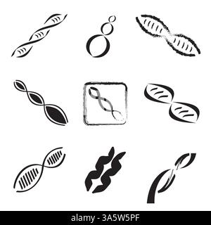 Set mit 9 DNA-Symbolen und -Logos, Genetikforschung und -Wissenschaft, Schwarzweiß-Vektor Stock Vektor