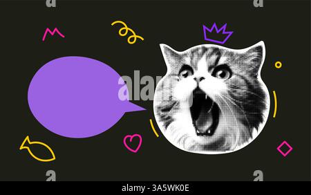Pop Art Katze Halbton Illustration Sprechblase. Angry Cat Face Rastermuster Tierdesign-Retro-Cartoon-Poster Stock Vektor