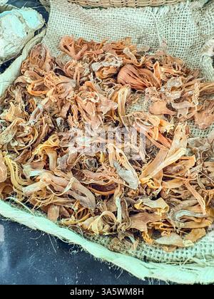 Ein Haufen Muskatwürze ist in einer Nahansicht auf einem Sacksack zu sehen. MACE ist die äußere Abdeckung des Muskatnusskamms. Stockfoto