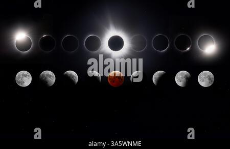 Totale Sonnenfinsternis und Mondfinsternis Composite Stockfoto