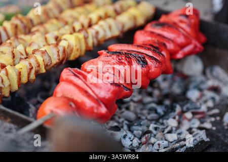 Verschiedene Spieße auf dem Holzkohlegrill mit Fleisch und Gemüse Stockfoto