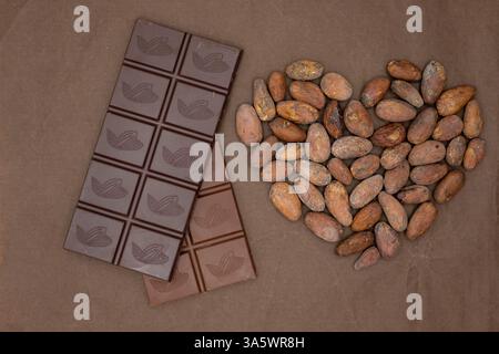 Schokoladenriegel. Das Herz besteht aus Kakaobohnen. Schokoladenherstellung von Bohnen bis Tassen. Monochrombraune Farbe. Stockfoto