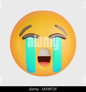 Rundes, gelbes 3D-weinendes Emoji, das Traurigkeit und Verzweiflung ausdrückt, mit großen, türkisfarbenen Tränen, die über sein Gesicht strömen und starke Gefühle der Trauer vermitteln Stockfoto