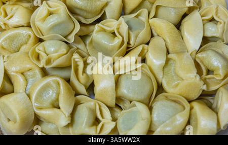 Rohe italienische Ravioli mit Spinat gefüllt. Frische Ravioli-Nudeln als Hintergrund, Nahaufnahme. Hausgemachte Pasta Tortellini. Niemand selektive Fokussierung Stockfoto
