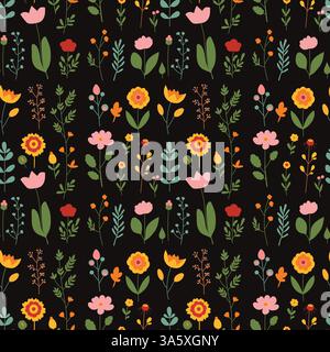 Nahtloses Blumenmuster. Farbenfroher Hintergrund im trendigen minimalistischen Stil mit Kräuterelementen und sanften Blumen. Stock Vektor