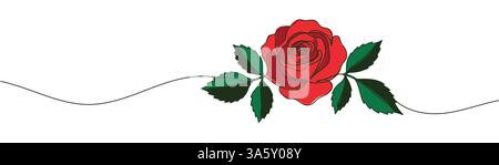 Rose mit einem Haufen Blätter, eine Strichzeichnung. Kontinuierliche Linienzeichnung der Rosenblüte. Handgezeichnete Rose Stock Vektor