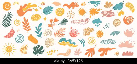 Set mit minimalistischen abstrakten Formen für den Sommer in Bio-Optik. Handgezeichnete Kollektion mit verschiedenen gewellten organischen geometrischen Elementen. Vektorabbildung. Stock Vektor