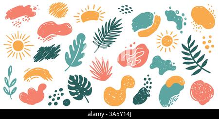 Set mit minimalistischen abstrakten Formen für den Sommer in Bio-Optik. Handgezeichnete Kollektion mit verschiedenen gewellten organischen geometrischen Elementen. Vektorabbildung. Stock Vektor