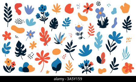 Kollektion mit farbenfrohen Blumenelementen im Frühling. Set von blumigen Wildblumen, Zweigen, Blättern, Laub auf weißem Hintergrund Stock Vektor