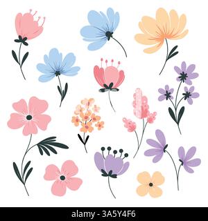 Set aus farbenfrohen Blumenelementen im Frühling. Set von blumigen Wildblumen, Zweigen, Blättern, Laub auf weißem Hintergrund. Vektorabbildung. Stock Vektor