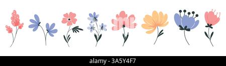 Set aus farbenfrohen Blumenelementen im Frühling. Set von blumigen Wildblumen, Zweigen, Blättern, Laub auf weißem Hintergrund. Vektorabbildung. Stock Vektor