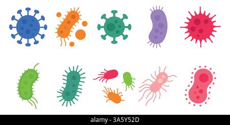 Bakterien, Mikroben, Virus-Umrissvektor-Symbolsatz. Mikroskopische Bakterium- und Bazillus-Sammlung, isoliert auf weißem Hintergrund. Stock Vektor