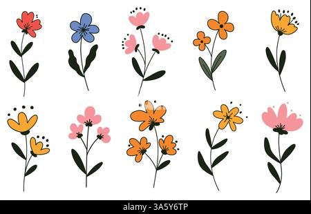 Set aus farbenfrohen Blumenelementen im Frühling. Set von blumigen Wildblumen, Zweigen, Blättern, Laub auf weißem Hintergrund. Vektorabbildung. Stock Vektor