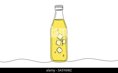 Flasche Limonade mit Eis, Getränk. Durchgehende einzeilige Zeichnung. Vektorabbildung. Stock Vektor