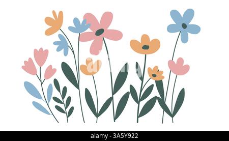 Set aus farbenfrohen Blumenelementen im Frühling. Set von blumigen Wildblumen, Zweigen, Blättern, Laub auf weißem Hintergrund. Vektorabbildung. Stock Vektor