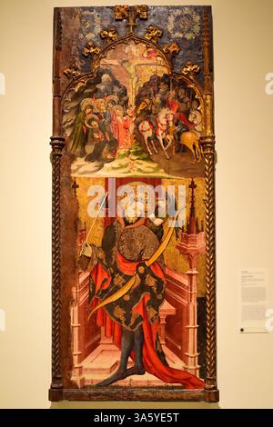MNAC (Museu Nacional d'Art de Catalunya). Altaraufsatz von Sant Sebastià i Calvari (gotisch, 15. Jahrhundert) von Jaume Mates aus Pia Almoina (Barcelona) Stockfoto