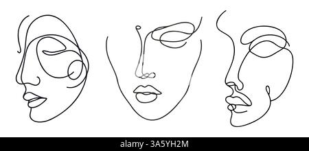 Minimalistische Silhouette des Frauengesichts. Durchgehende einzeilige Zeichnung, weißer Hintergrund. Vektor Stock Vektor