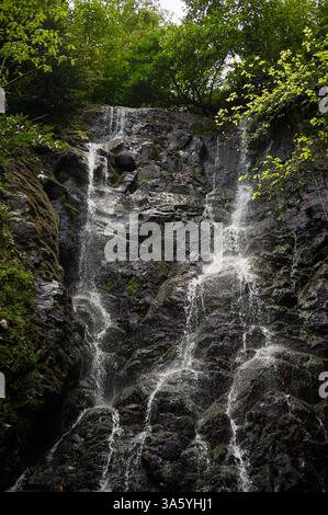 Felsiger Wasserfall mit kleinen Bächen aus kaltem Bergwasser in Georgia. Vertikal Stockfoto