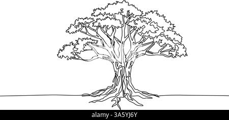 Durchgehende einzeilige Zeichnung eines alten breitblättrigen Baumes, Strichkunstvektorillustration Stock Vektor