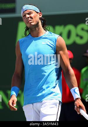 7. April 2008: Rafael Nadal, Spanien, reagierte nach der Niederlage gegen Nikolay Davydenko, Russland, im Finale der Sony Ericsson Open für Männer in Key Biscayne, Florida, Sonntag, 6. April 2008. (Jeffrey M. Boan/El Nuevo Herald/MCT) (Kreditbild: © Jeffrey M. Boan/MCT/ZUMAPRESS.com) Stockfoto