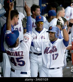 10. Juli 2008: New York Mets Pedro Martinez feiert mit Fernando Tatis im Dugout, nachdem Tatis am Donnerstag, den 10. Juli 2008, im Shea Stadium in Flushing, New York einen zwei-Run-Heimlauf geschlagen hat. Die Mets gewannen mit 7:3. (Kathy Kmonicek/Newsday/MCT) (Bild: © Kathy Kmonicek/MCT/ZUMAPRESS.com) Stockfoto