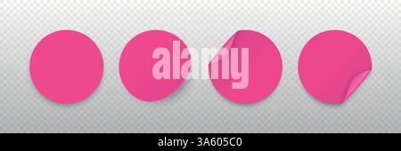 Rosafarbener Runder Aufkleber Vektor-Set. Runde Aufkleber mit Schatten. Gewellte Eckaufkleber, Gerade Runde Aufkleber, Leicht Gewellte Aufkleber. Konstruktionsvorlage Stock Vektor