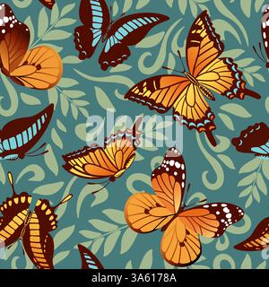 Ein atemberaubendes Muster mit Schmetterlingen in leuchtenden Farben auf blauem Hintergrund, perfekt für verschiedene Designprojekte. Stock Vektor