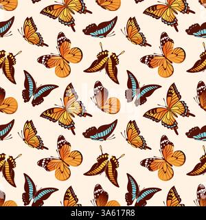 Diese Vektor-Illustration zeigt ein atemberaubendes nahtloses Muster von Schmetterlingen Schwalbenschwanz, Papilio thoas und Danaus plexippus. Jeder Schmetterling verfügt über ein Merkmal Stock Vektor